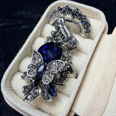 Lot Of 2 Silver Tone Rings Blue Rhinestones Butterfly W/Pink Ring Box Sz. 8-8.75
