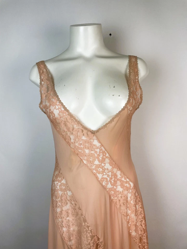 Vestido sin Mangas De Colección Corte Sesgado Años 60 70 Rosa Con Encaje Blanco 34 HECHO EN EE. UU. Foto 2 de 4