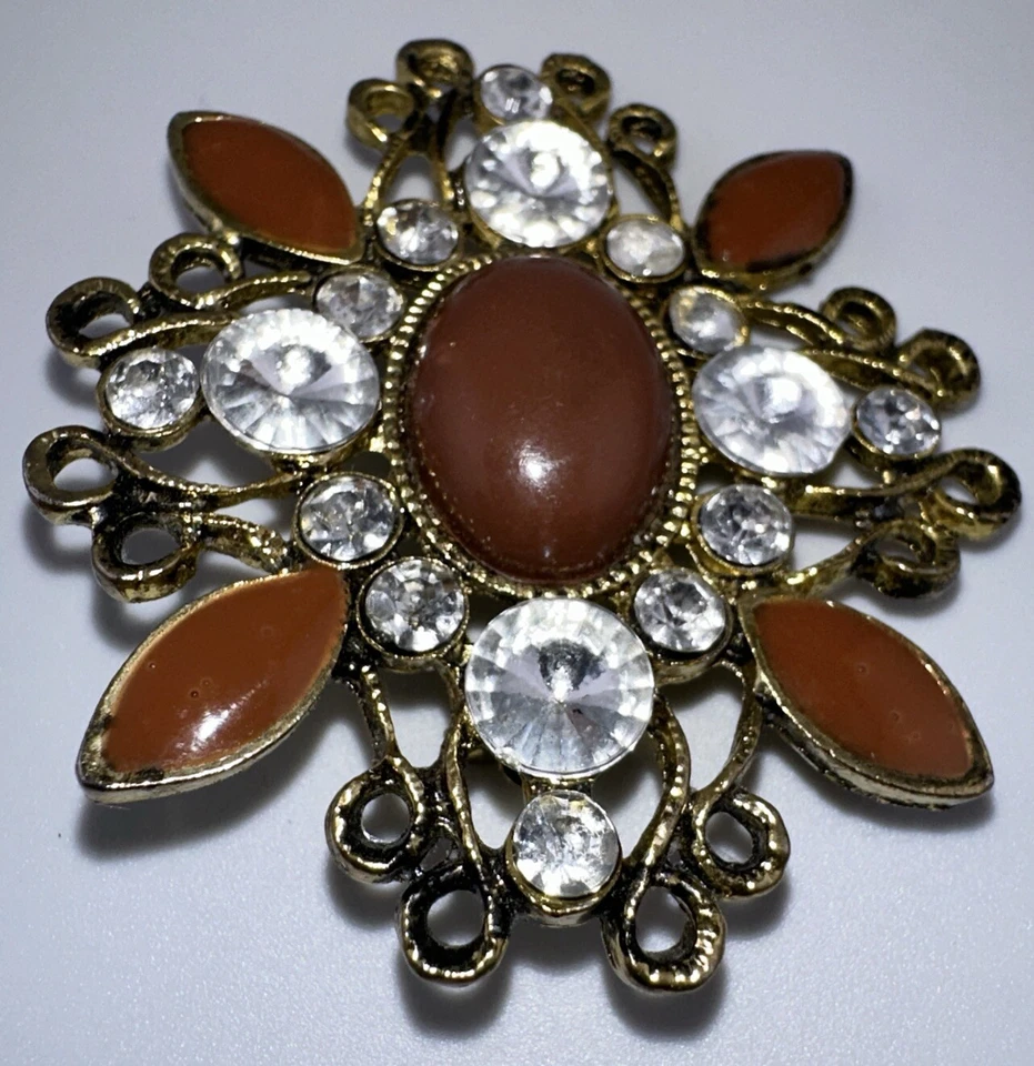 Gothic Victorian Dark Metal Pin, Faux Pearl Center, Black Enamel, Clear Stones - Image 3 of 4