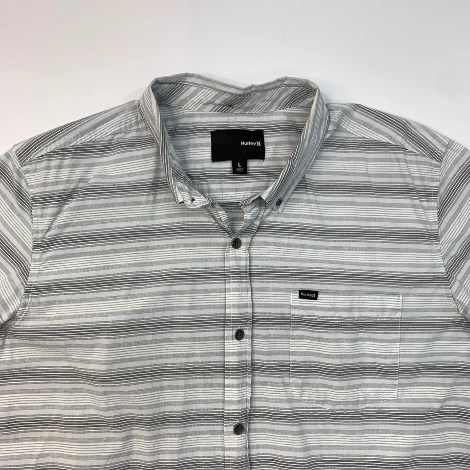 Camisa Hurley Para Hombre L Grande Gris Con Botones Manga Corta Rayas Algodón Bolsillo Foto 4 de 4
