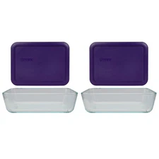 Pyrex (2) 7210 3-cup Glass Dishes & (2) 7210-PC Plum Purple Lids