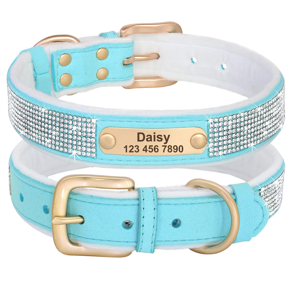 Bling Suede Personalized Dog Collar With Customized Name Tag Warm Fleece Lining - Image 3 of 4