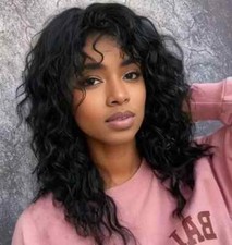 Medium Curly Afro Black Synthetic Hair Wigs Women Natural Daily Use With Bangs u