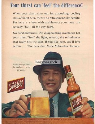 1955 Schlitz Beer Man in Fedora Vintage Print Ad