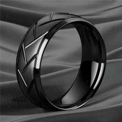 8MM Band Black-Tone Titanium Stainless Steel Carved Size 12 New 9563