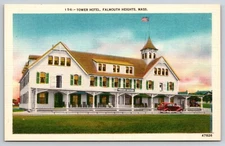 Tower Hotel, Old Car, Falmouth Heights, Massachusetts Linen Postcard US Flag