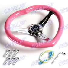 Jdm Pink Heart Shaped Steering Wheel Abs Grip Pink Steel Chrome 3-spoke New Jdm Pink Heart Shaped Steering Wheel Abs Grip Pink Steel Chrome 3-spoke New