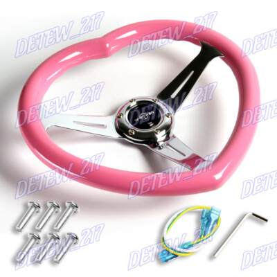 JDM Pink Heart Shaped Steering Wheel, ABS Grip, Pink, Steel, Chrome, 3-Spoke New