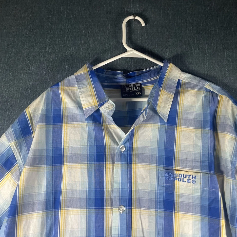 Camisa Polo Sur Para Hombre Azul Amarillo A Cuadros Abotonada Manga S Talla 2XL Algodón Y2K Foto 2 de 4