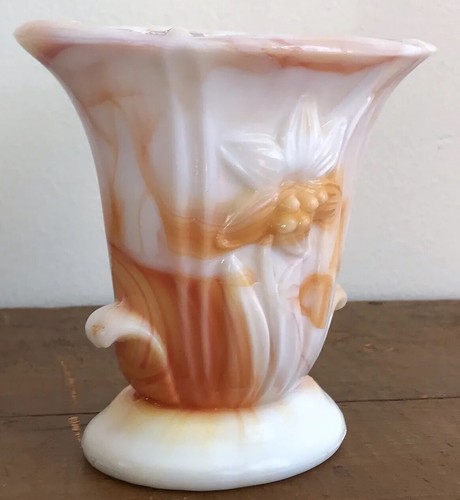 Retro 70s VASE Akro Agate Embossed Textured white Orange Swirl 4" USA MADE - Picture 4 of 17