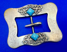 Antique Center Bar 41 Grams Sterling Silver Ornate Turquoise Accents Belt Buckle