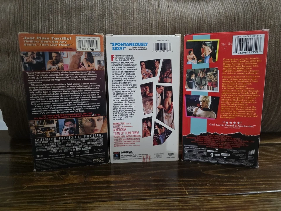 Pedro Almodovar 3 VHS Lot Bad Education R Rated Tie Me Up Tie Me Down Live Flesh - Image 2 of 4