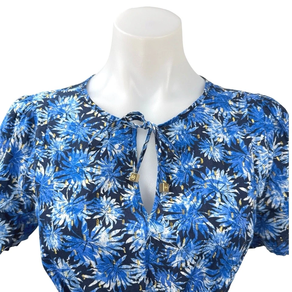 Blusa Top Michael Kors Azul Floral Metálico Cerradura Corbata Manga Corta Peplum S Foto 4 de 4