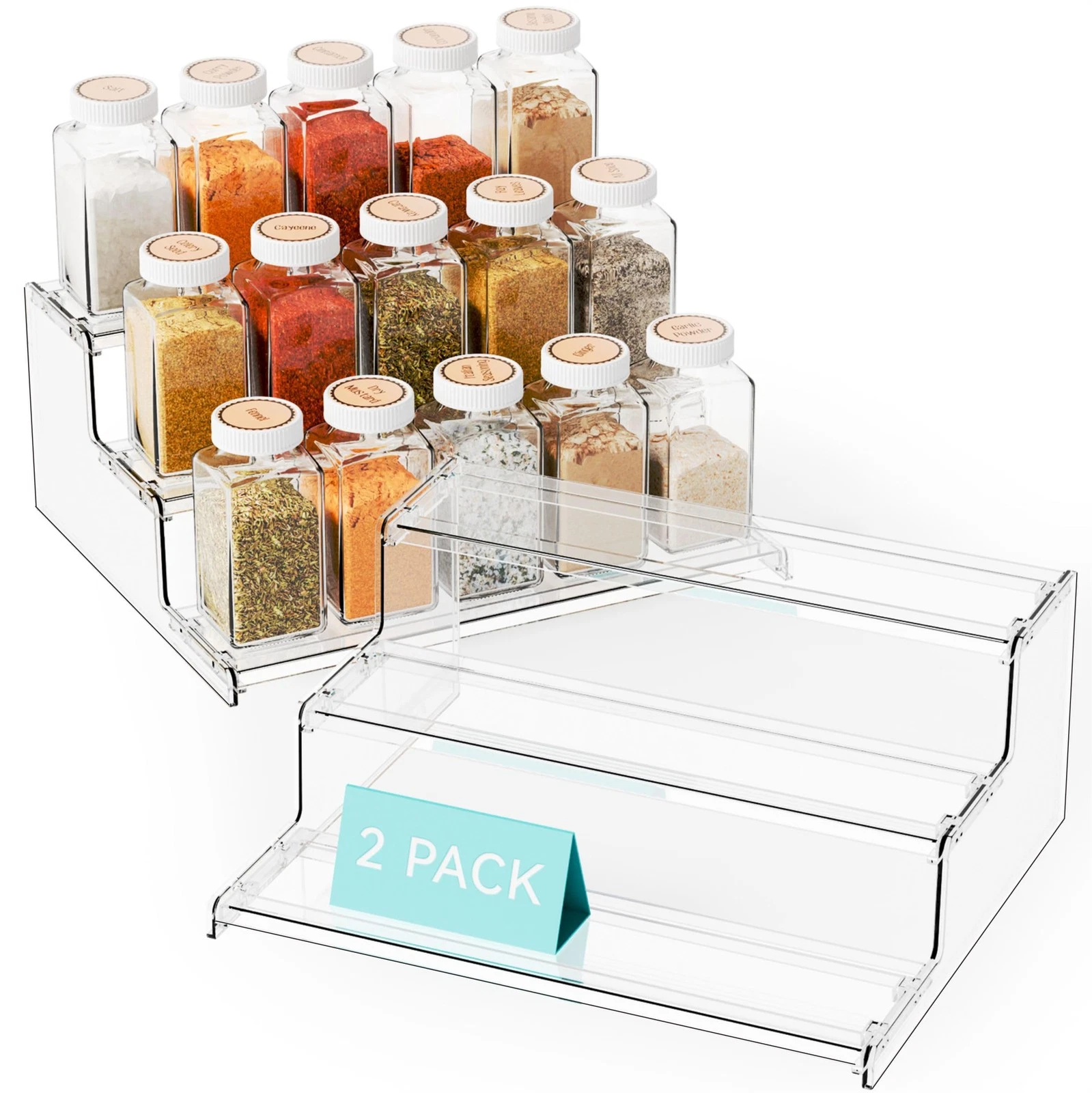 2 Pack Tiered Spice Rack Organizer for Cabinet,Pantry,3 Tier Clear Acrylic Sp...