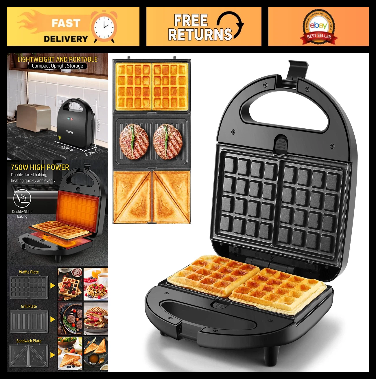 3-in-1 Sandwich Maker & Waffle Maker, Non-Stick Panini Press, 750W Compact Grill