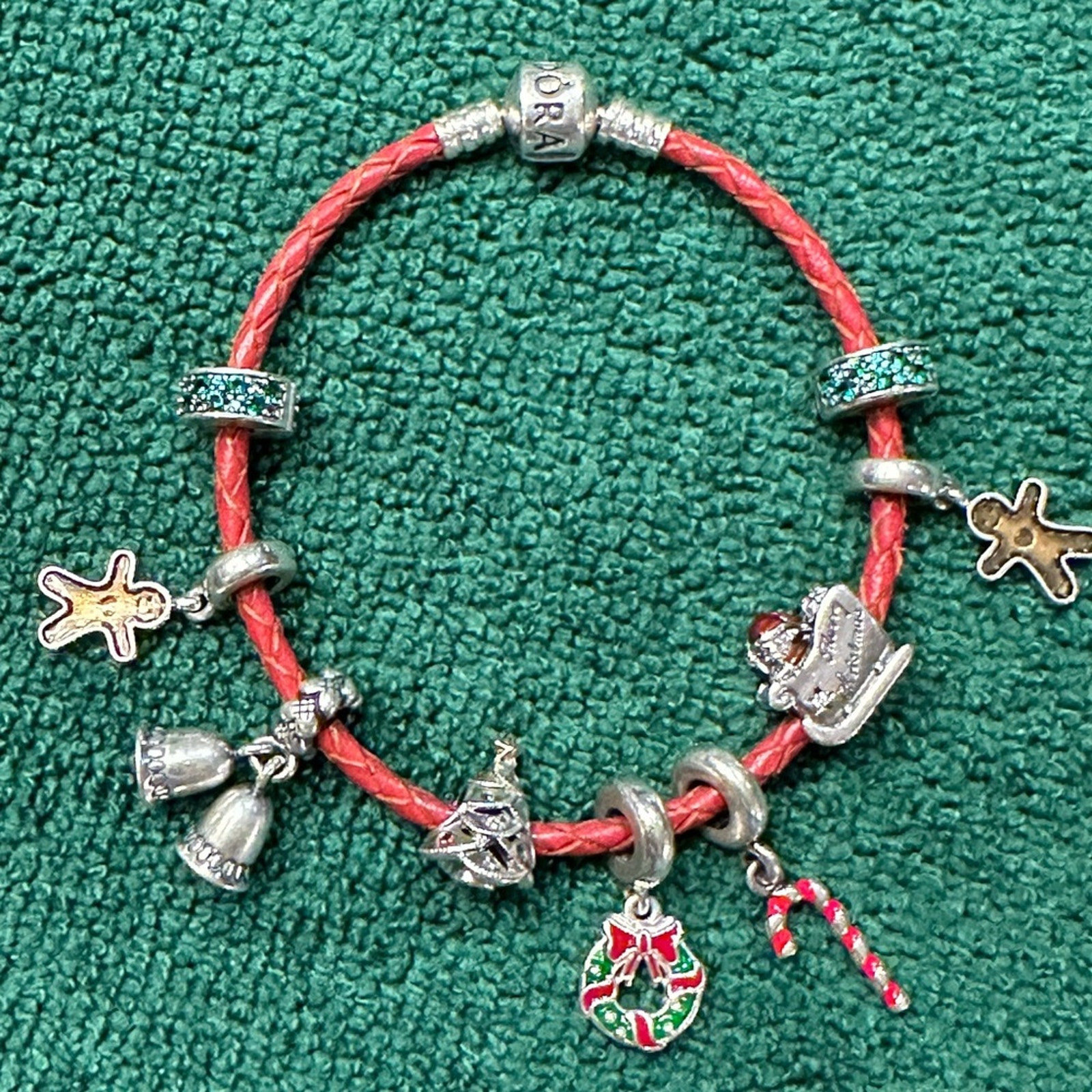 Pandora 8-inch Red Leather Bracelet with 9 Sterling Silver Jeweled Charms