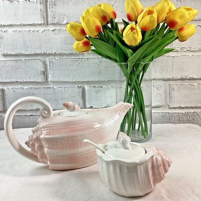 Otagiri Vintage Conch Shell Teapot & Sugar Bowl Japan Beachcomber Pink White