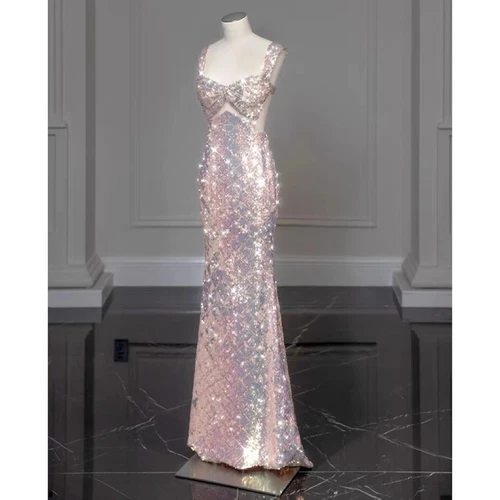 Mermaid Prom Dresses Pink With Detachable Bow Sequins Formal Party Prom Gown - Picture 4 of 8
