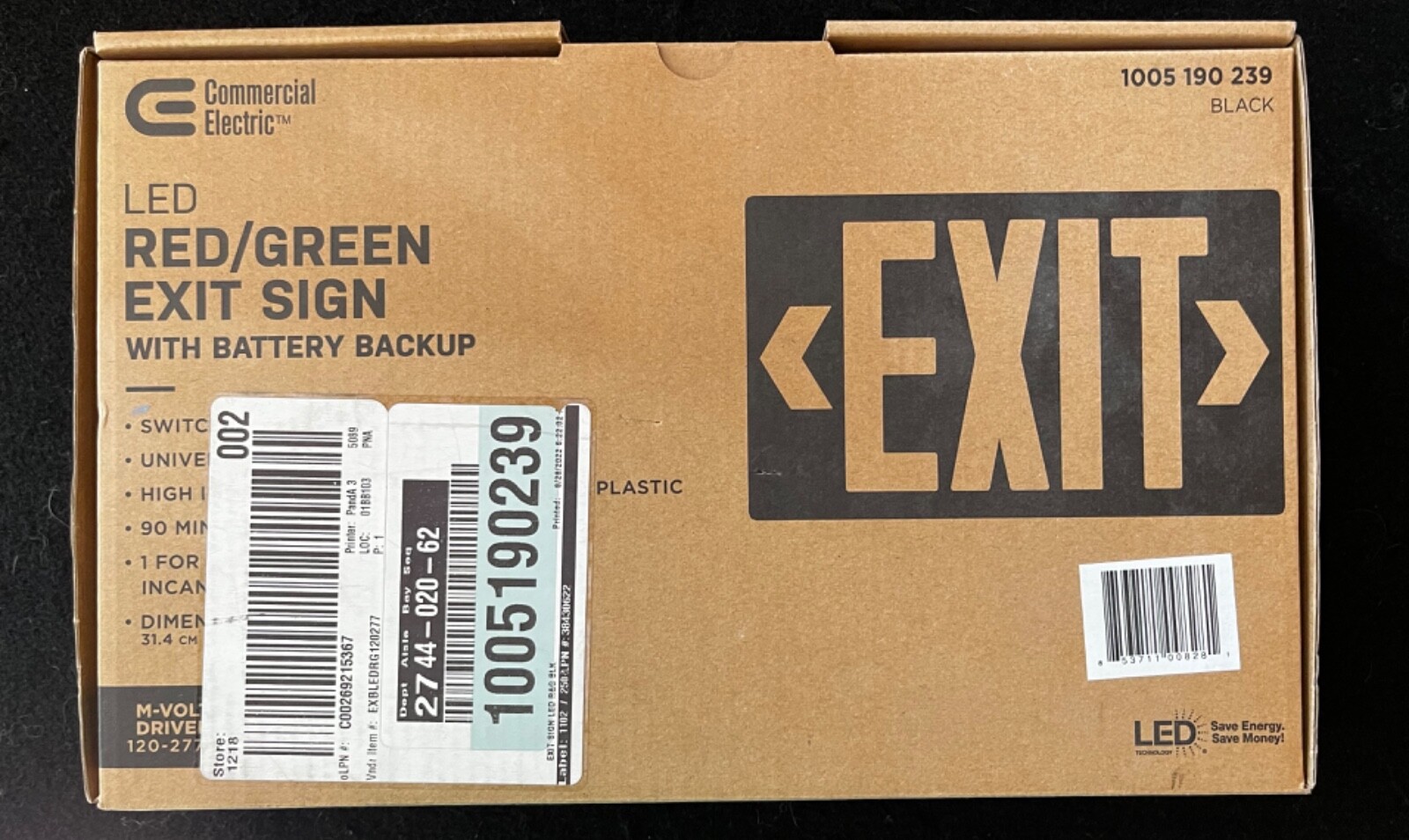 Exit Sign - Commercial Electric LED Red/Green With Battery Back-up; Brand New