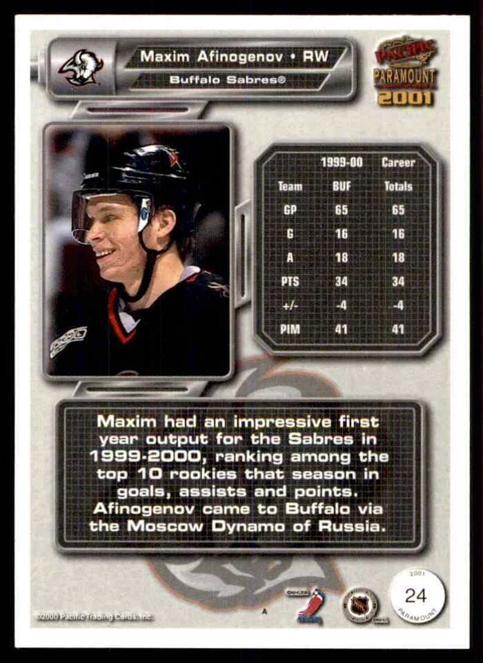2000-01 Pacific Paramount Maxim Afinogenov #24 - Image 2 of 2