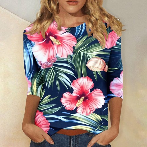 Women's Fashion Casual Three-quarter Sleeve Floral Print Neck Top - Picture 13 of 42