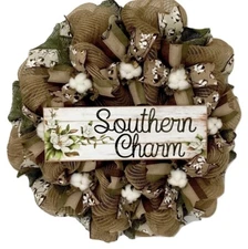 Southern Charm Cotton Blossom Burlap Deco Mesh Handmade Wreath