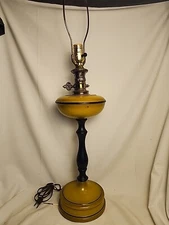 Vintage Toleware Wood Table Lamp Tall MCM Yellow Metal