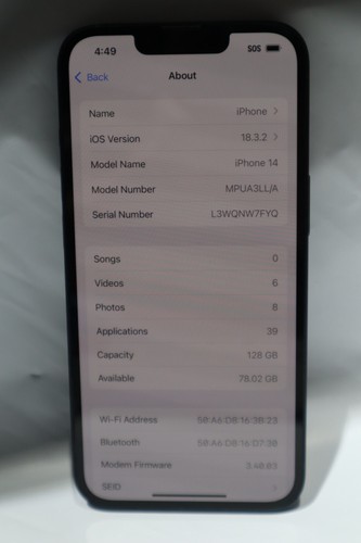 AT&T Apple iPhone 14 – 128GB – Midnight – MPUA3LL/A SIM-LOCKED #19335 - Afbeelding 3 van 10