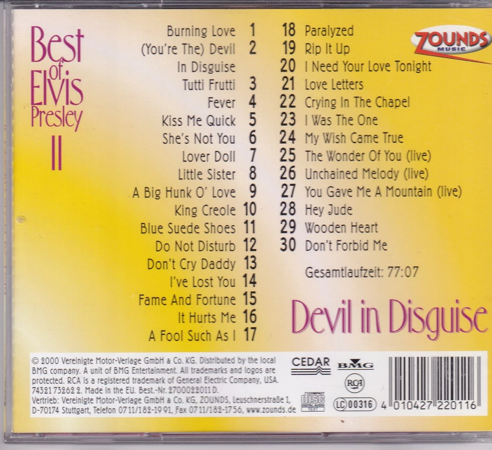 ZOUNDS - ELVIS PRESLEY - Devil in Disguise - Best II - 24 Karat Gold-CD 2000 - Bild 2 von 2