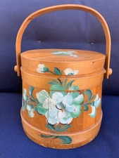 Large Vintage Antique Wooden Hand Painted Tole Firkin w Lid Folk Art  Bucket