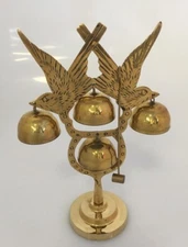 Vintage Solid Brass Love Bird Decorative with 4 Dinner Bells Table Dove Chime 