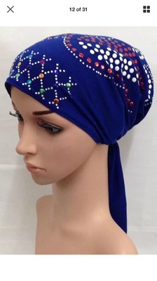 Women Jeweled Beaded Rhinestones Scarf/Head Ties(Royal  Blue,Black,Green,White) - Main Image