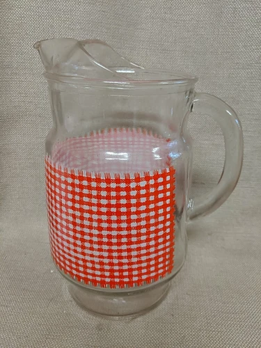 Vintage Anchor Hocking Red Gingham Pitcher 10” tall