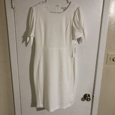 Clavin Klein Women's A-line Midi Cream White Dress, Size 10, Shoulder Sleeves