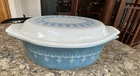 Vintage Pyrex Blue Snowflake Garland Oval 1 1/2 Qt Casserole Dish with Lid