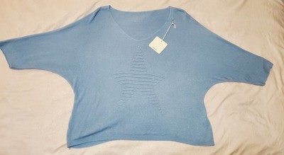 NWT Vanis Italy Blue V-Neck Star Sweater XL 2XL Acrylic Modal Blend Lagenlook
