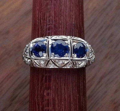 Art Deco Style 3Ct Round Lab Created Sapphire Engagement White Gold Finish Ring