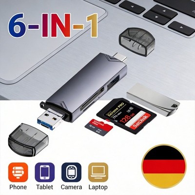 SD Kartenleser, USB Kartenlesegerät, 6 in 1 SD Reader für Typ C/Micro-USB/TF/SD
