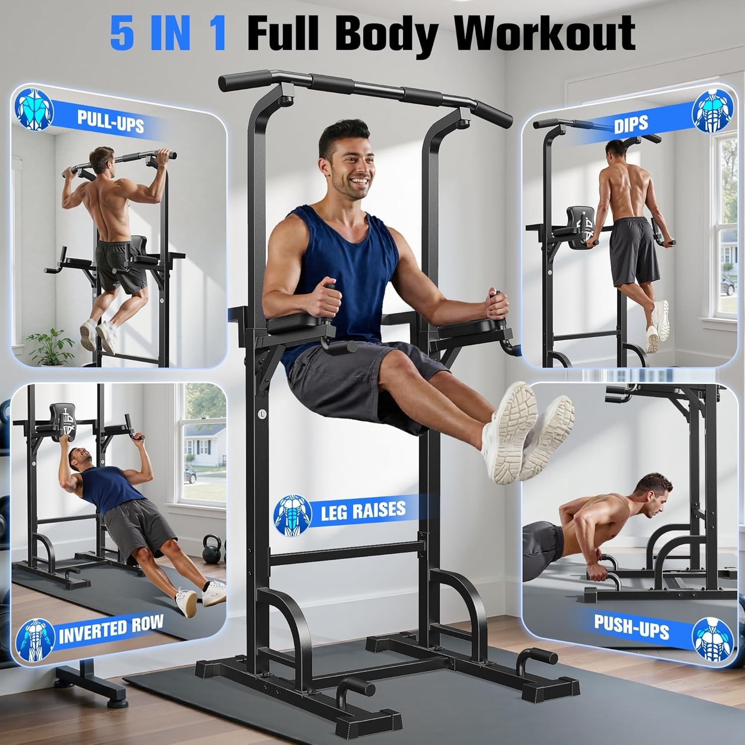 Durable Multi-Function Power Tower - Space-Saving Pull Up Bar for Home Workouts