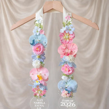 Handmade Pastel Floral Graduation Stole With Tag Name, Ribbon and Fabric Flower