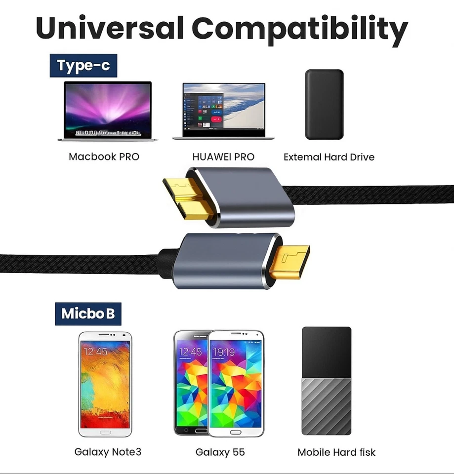 USB Type C Hard Drive Braided Cable Thunderbolt 5Gbps for Portable Hard Drive - Image 2 of 4