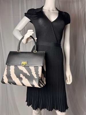 SALVATORE FERRAGAMO Trifolio Leather Two Way Bag Black and White