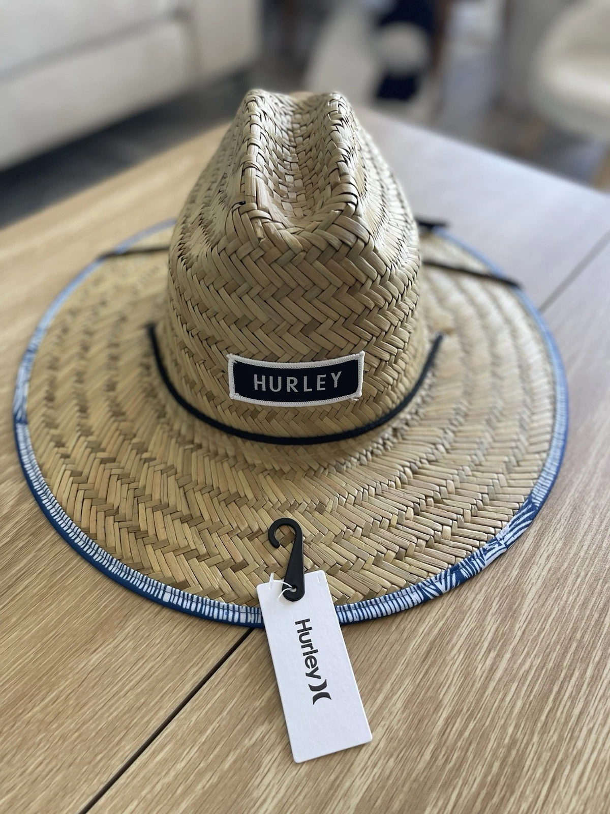 HURLEY BAYSIDE STRAW LIFEGUARD HAT BLUE Palm Tree, Beach Pool ONE SIZE Sun Hat