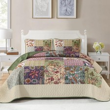 Patchwork Quilt Set King Size, Bohemian Floral Bedspread Green  Beige Coverl...