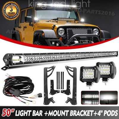52'' LED Work Light Bar+4'' Light Pods+Mount Bracket For Jeep Wrangler JK 07-2017