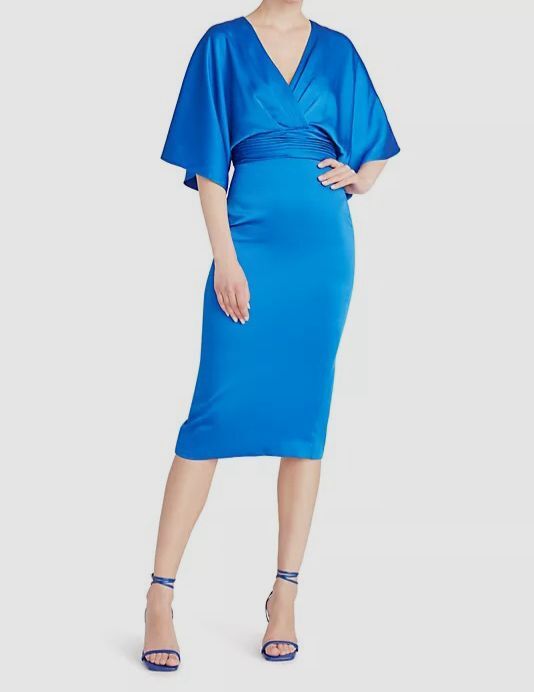 $595 Theia Women's Blue Satin Vivid Gathered Waist Kimono Sleeve Dress Size 