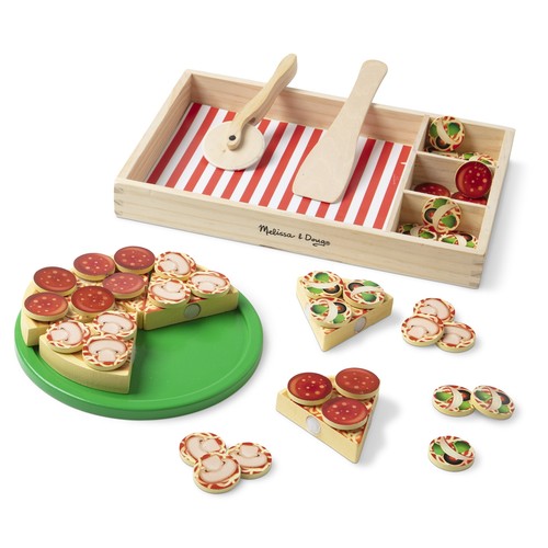 Wooden Pizza Party Play Food Set with 36 Toppings for Toddlers Age 3+