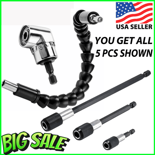 Right Angle Drill Adapter Flexible EXTENSION Bits 1/4" Hex Shank Hard Extensions - Picture 27 of 27