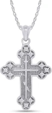 1/8ct Natural Diamond Eastern Orthodox Cross Pendant 18" Necklace  in 925 Silver