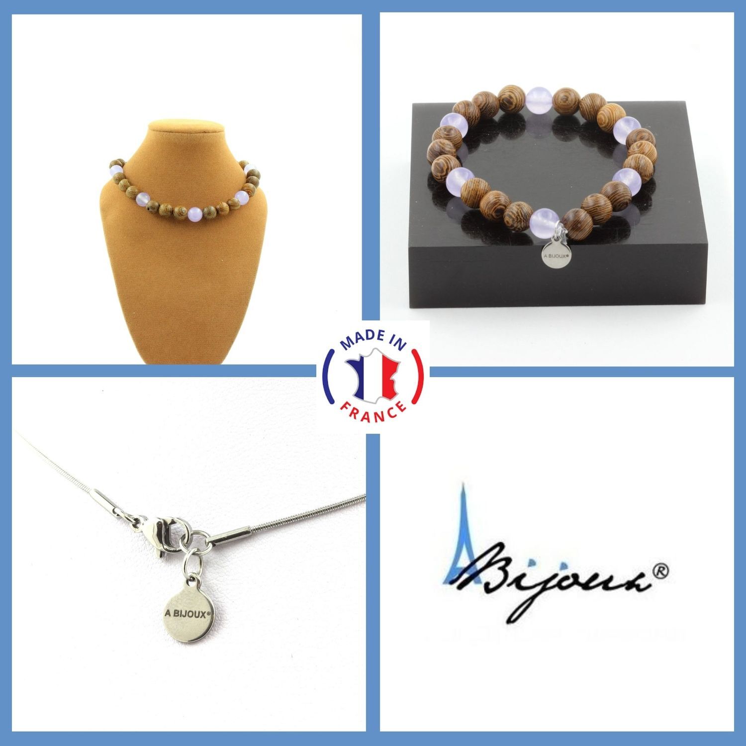 Parure bijoux collier bracelet bois calcédoine lavande 8 mm, le cadeau idéal en taille S